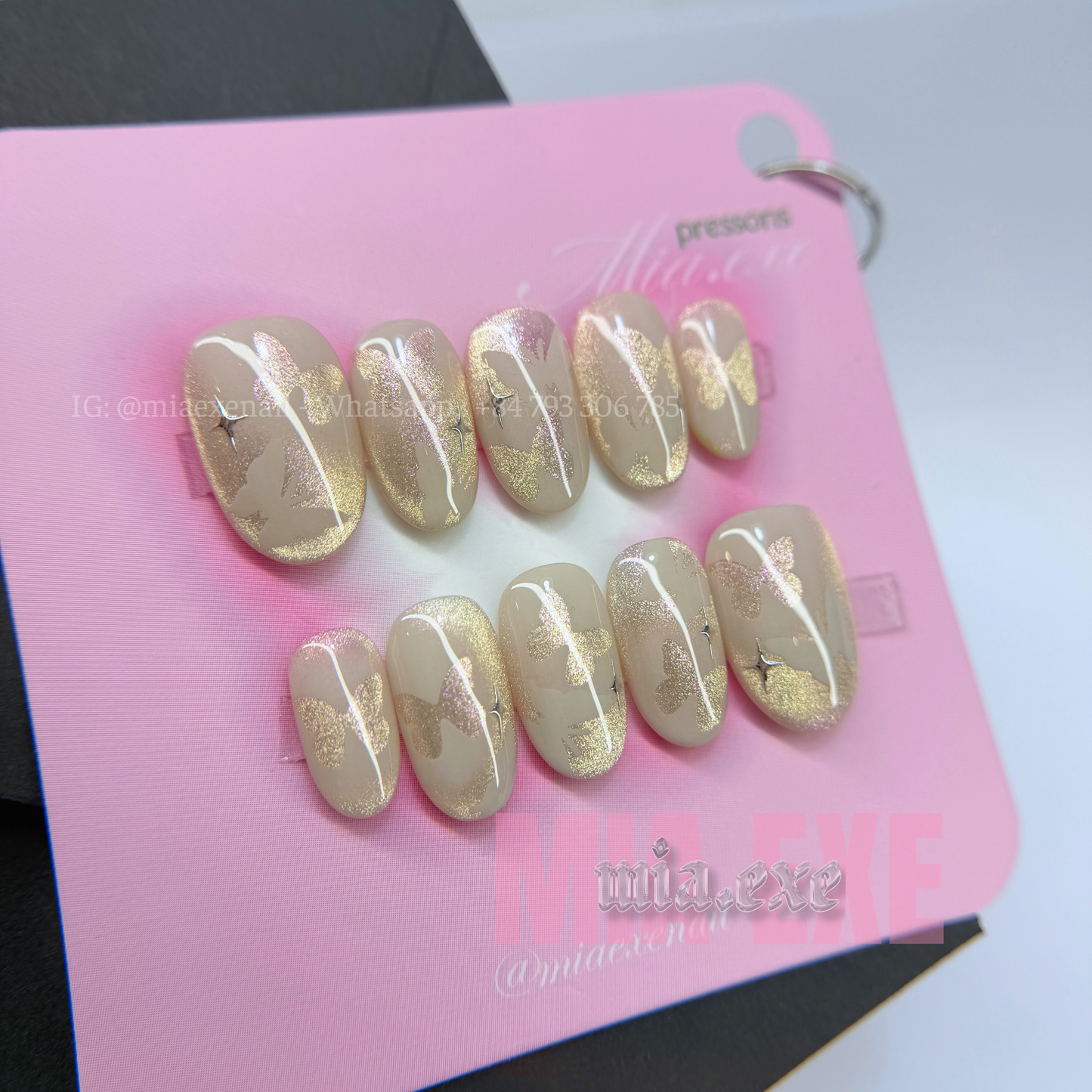 Press on Nails | Shimmering Cat Eye with Butterfly Accent, Daily Nail Style, Almond Shape, Medium Length Luxury Handmade Fake Nails