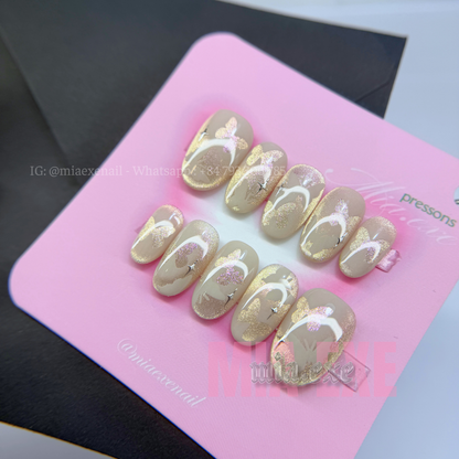 Press on Nails | Shimmering Cat Eye with Butterfly Accent, Daily Nail Style, Almond Shape, Medium Length Luxury Handmade Fake Nails