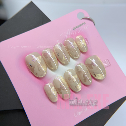 Press on Nails | Shimmering Cat Eye with Butterfly Accent, Daily Nail Style, Almond Shape, Medium Length Luxury Handmade Fake Nails