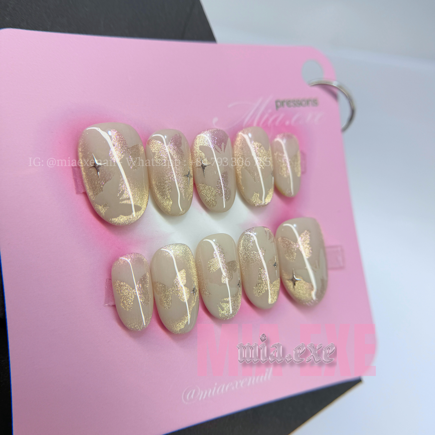 Press on Nails | Shimmering Cat Eye with Butterfly Accent, Daily Nail Style, Almond Shape, Medium Length Luxury Handmade Fake Nails