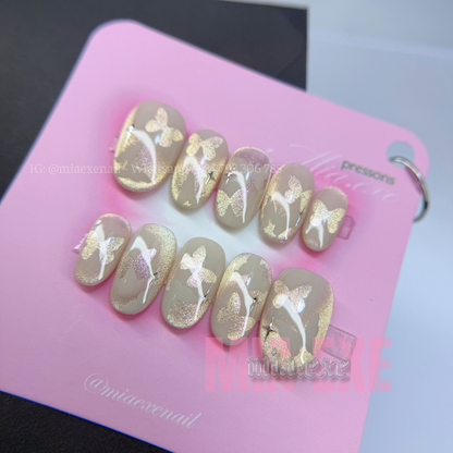 Press on Nails | Shimmering Cat Eye with Butterfly Accent, Daily Nail Style, Almond Shape, Medium Length Luxury Handmade Fake Nails