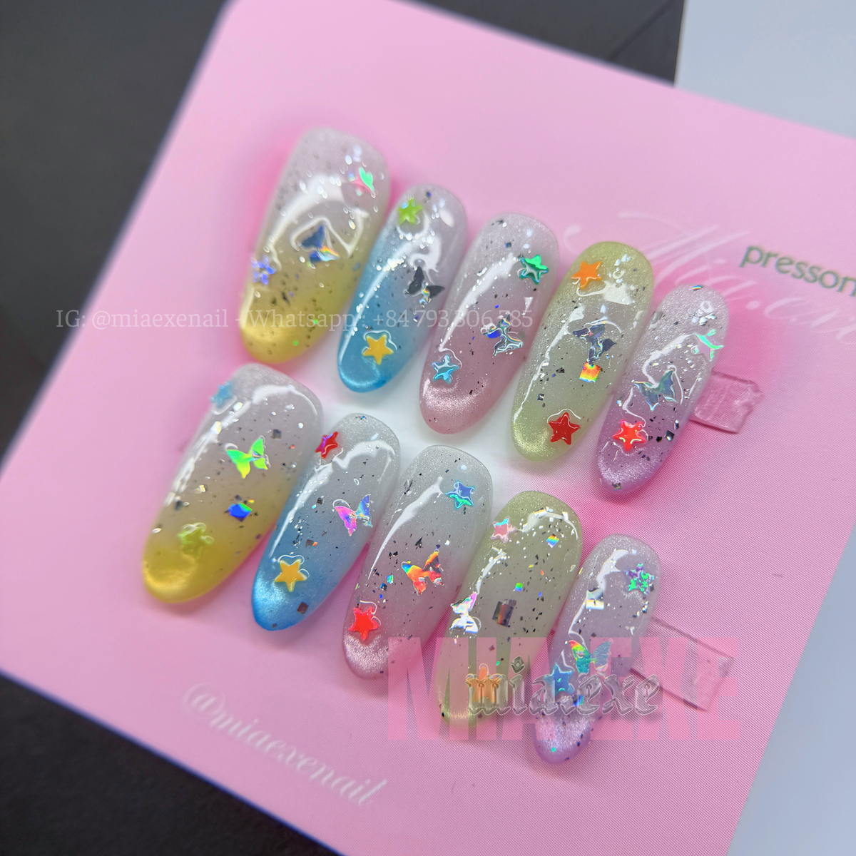 Press on Nails | Purple Shimmer Cat Eye with Mystic Lines & Star Charms, Daily Nail Style, Stiletto Shape, Medium Length Luxury Handmade Fake Nails
