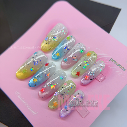 Press on Nails | Purple Shimmer Cat Eye with Mystic Lines & Star Charms, Daily Nail Style, Stiletto Shape, Medium Length Luxury Handmade Fake Nails