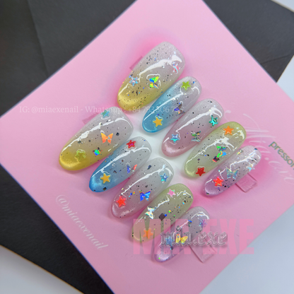 Press on Nails | Purple Shimmer Cat Eye with Mystic Lines & Star Charms, Daily Nail Style, Stiletto Shape, Medium Length Luxury Handmade Fake Nails