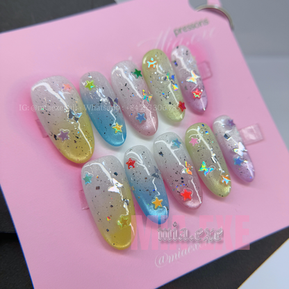 Press on Nails | Purple Shimmer Cat Eye with Mystic Lines & Star Charms, Daily Nail Style, Stiletto Shape, Medium Length Luxury Handmade Fake Nails