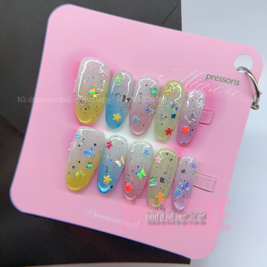 Press on Nails | Purple Shimmer Cat Eye with Mystic Lines & Star Charms, Daily Nail Style, Stiletto Shape, Medium Length Luxury Handmade Fake Nails