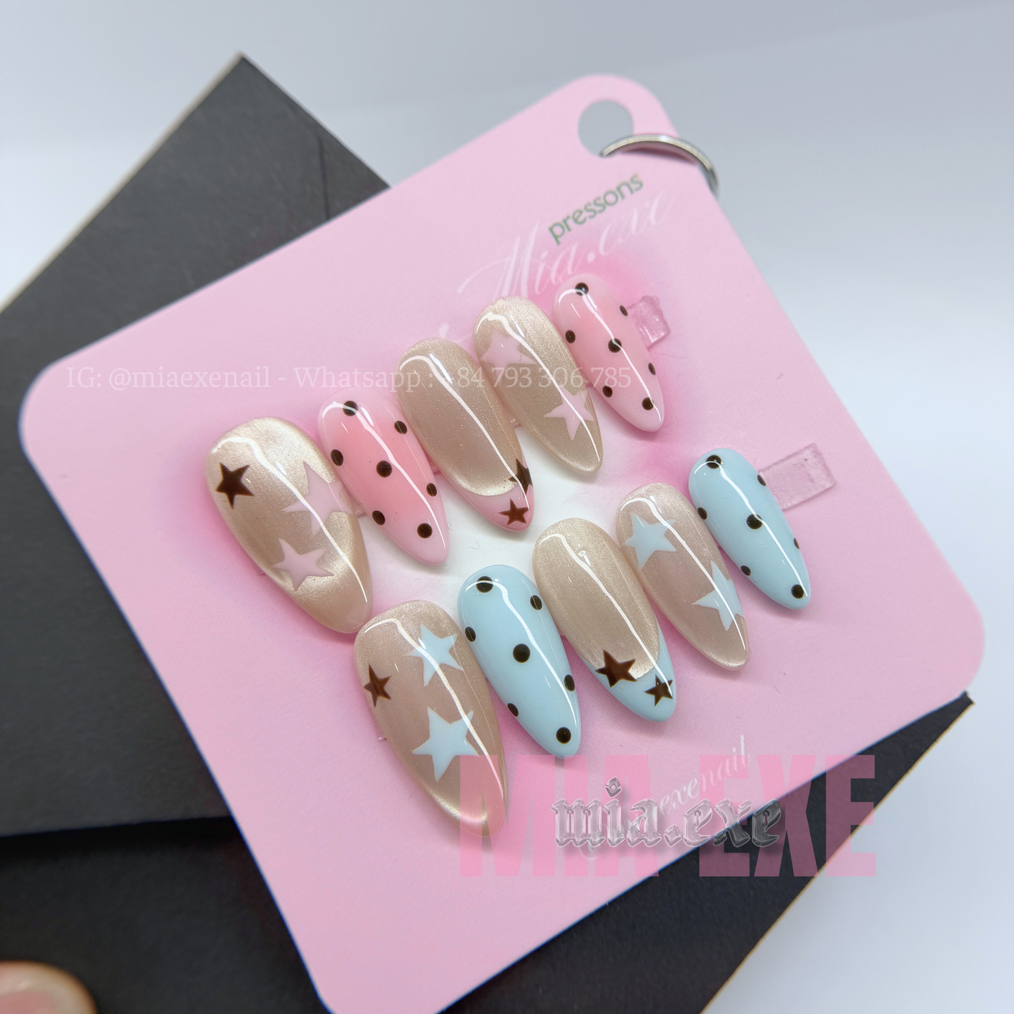 Press on Nails | Pastel & Cat Eye Mix with Star & Polka Dot Accents, Daily Nail Style, Almond Shape, Medium Length Luxury Handmade Fake Nails