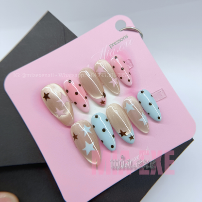 Press on Nails | Pastel & Cat Eye Mix with Star & Polka Dot Accents, Daily Nail Style, Almond Shape, Medium Length Luxury Handmade Fake Nails