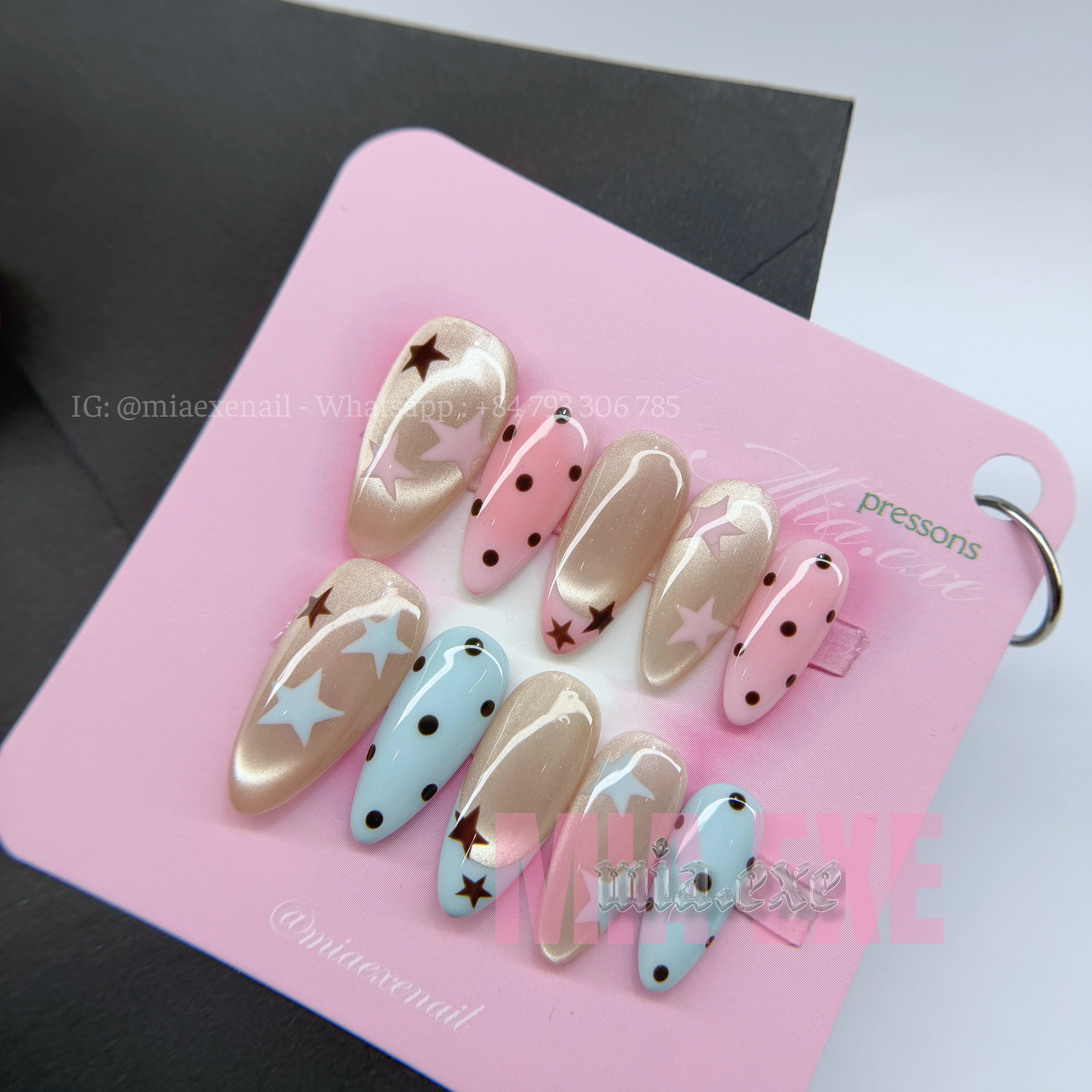Press on Nails | Pastel & Cat Eye Mix with Star & Polka Dot Accents, Daily Nail Style, Almond Shape, Medium Length Luxury Handmade Fake Nails