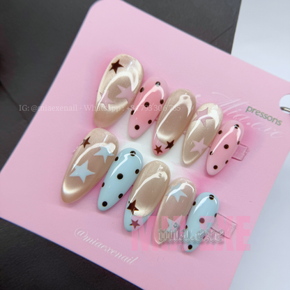Press on Nails | Pastel & Cat Eye Mix with Star & Polka Dot Accents, Daily Nail Style, Almond Shape, Medium Length Luxury Handmade Fake Nails
