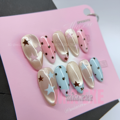 Press on Nails | Pastel & Cat Eye Mix with Star & Polka Dot Accents, Daily Nail Style, Almond Shape, Medium Length Luxury Handmade Fake Nails