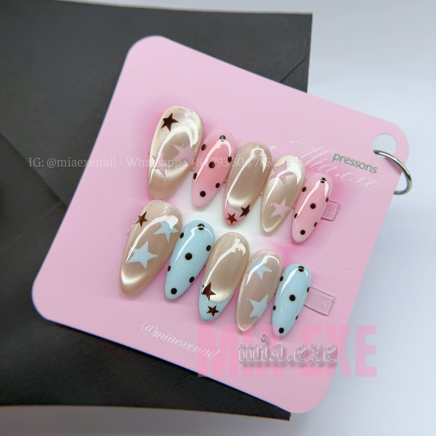 Press on Nails | Pastel & Cat Eye Mix with Star & Polka Dot Accents, Daily Nail Style, Almond Shape, Medium Length Luxury Handmade Fake Nails
