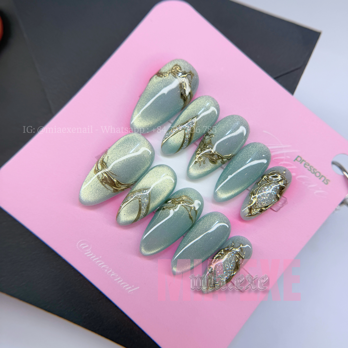 Press on Nails | Sage Green & Gold Mesh Line Art, Daily Nail Style, Almond Shape, Medium Length Luxury Handmade Fake Nails
