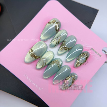 Press on Nails | Sage Green & Gold Mesh Line Art, Daily Nail Style, Almond Shape, Medium Length Luxury Handmade Fake Nails