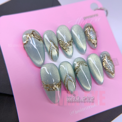 Press on Nails | Sage Green & Gold Mesh Line Art, Daily Nail Style, Almond Shape, Medium Length Luxury Handmade Fake Nails