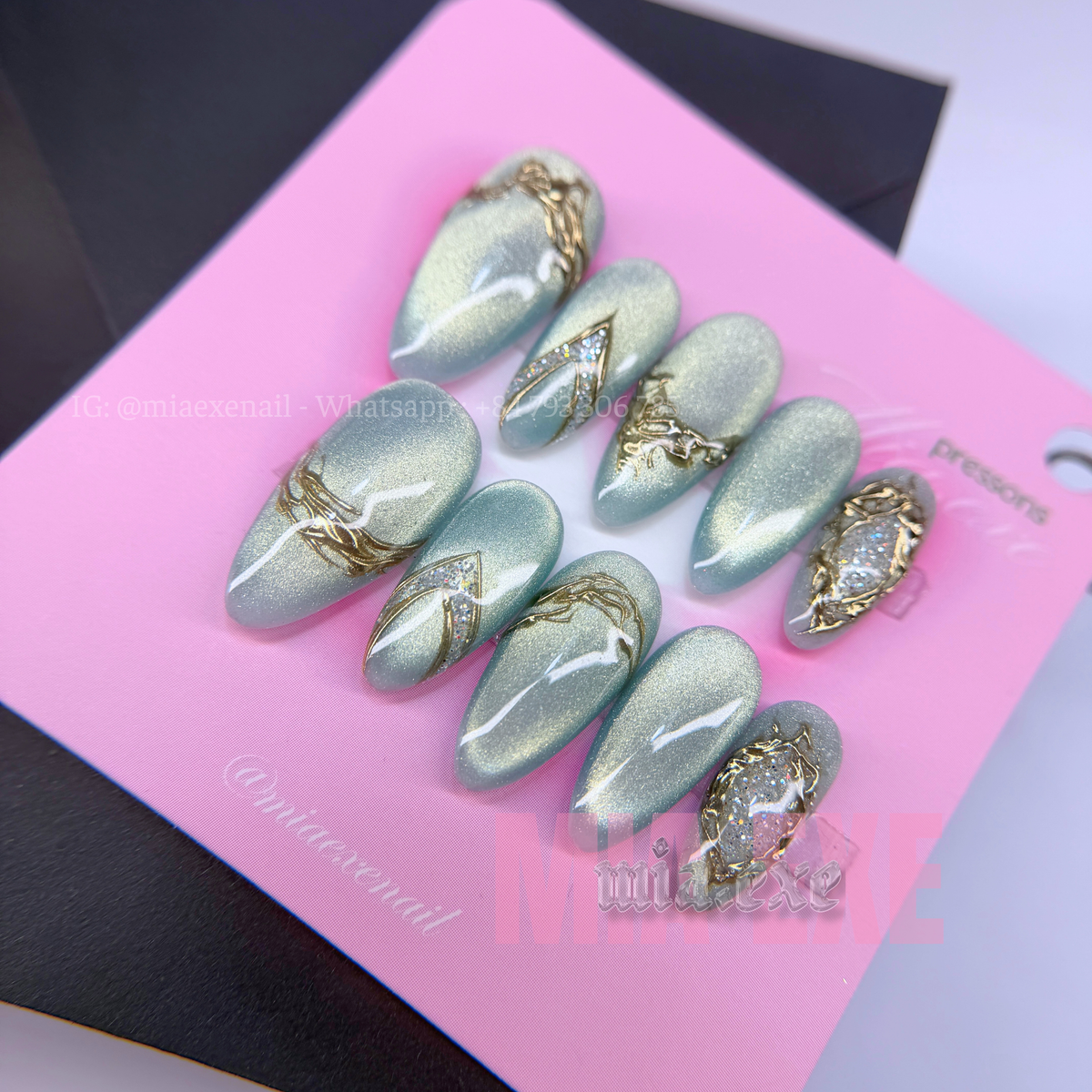 Press on Nails | Sage Green & Gold Mesh Line Art, Daily Nail Style, Almond Shape, Medium Length Luxury Handmade Fake Nails