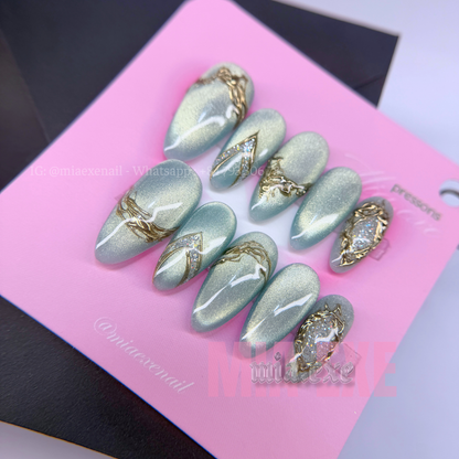Press on Nails | Sage Green & Gold Mesh Line Art, Daily Nail Style, Almond Shape, Medium Length Luxury Handmade Fake Nails