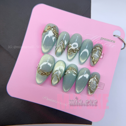 Press on Nails | Sage Green & Gold Mesh Line Art, Daily Nail Style, Almond Shape, Medium Length Luxury Handmade Fake Nails
