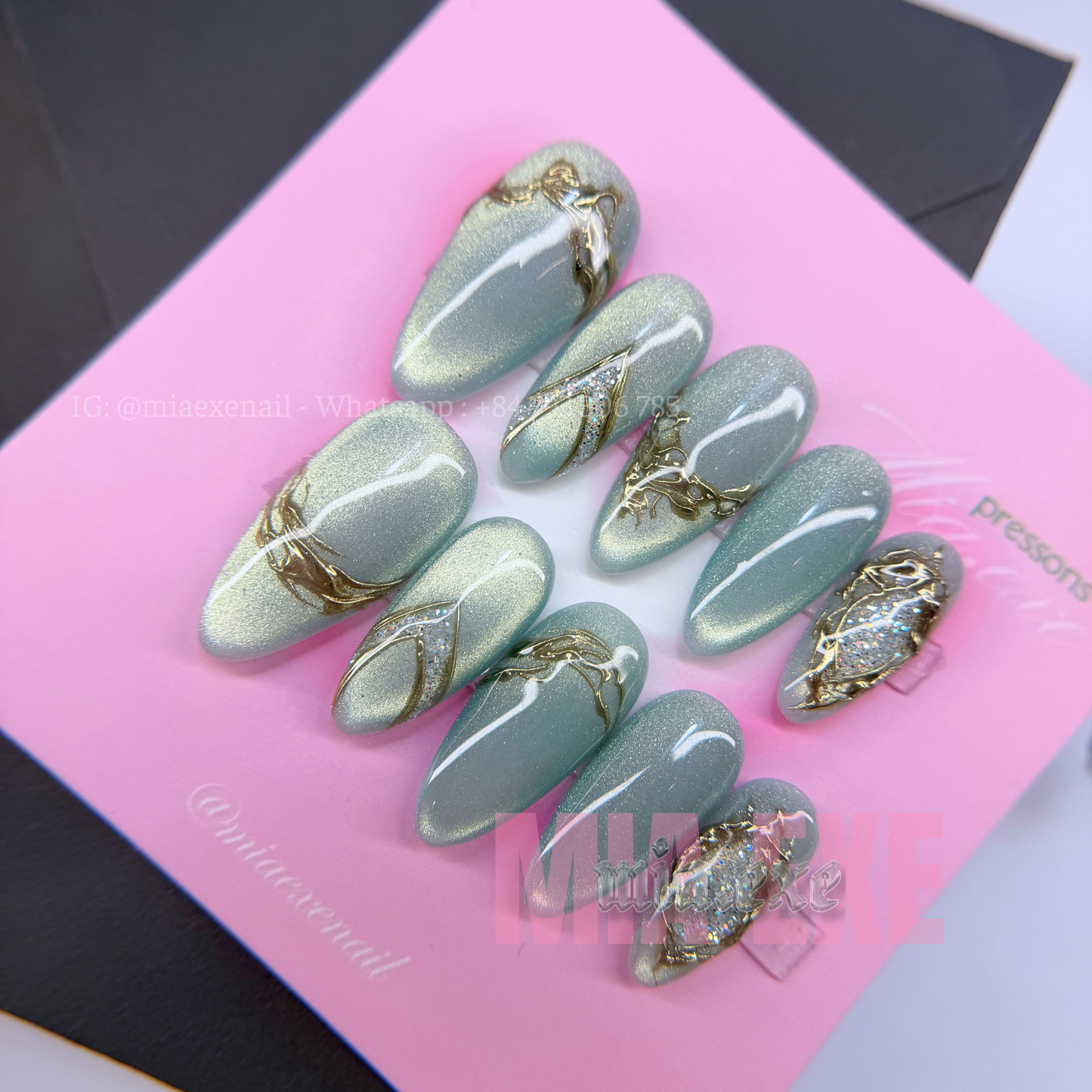 Press on Nails | Sage Green & Gold Mesh Line Art, Daily Nail Style, Almond Shape, Medium Length Luxury Handmade Fake Nails