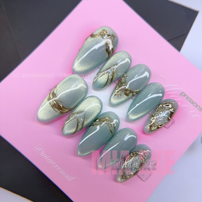 Press on Nails | Sage Green & Gold Mesh Line Art, Daily Nail Style, Almond Shape, Medium Length Luxury Handmade Fake Nails