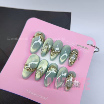 Press on Nails | Sage Green & Gold Mesh Line Art, Daily Nail Style, Almond Shape, Medium Length Luxury Handmade Fake Nails