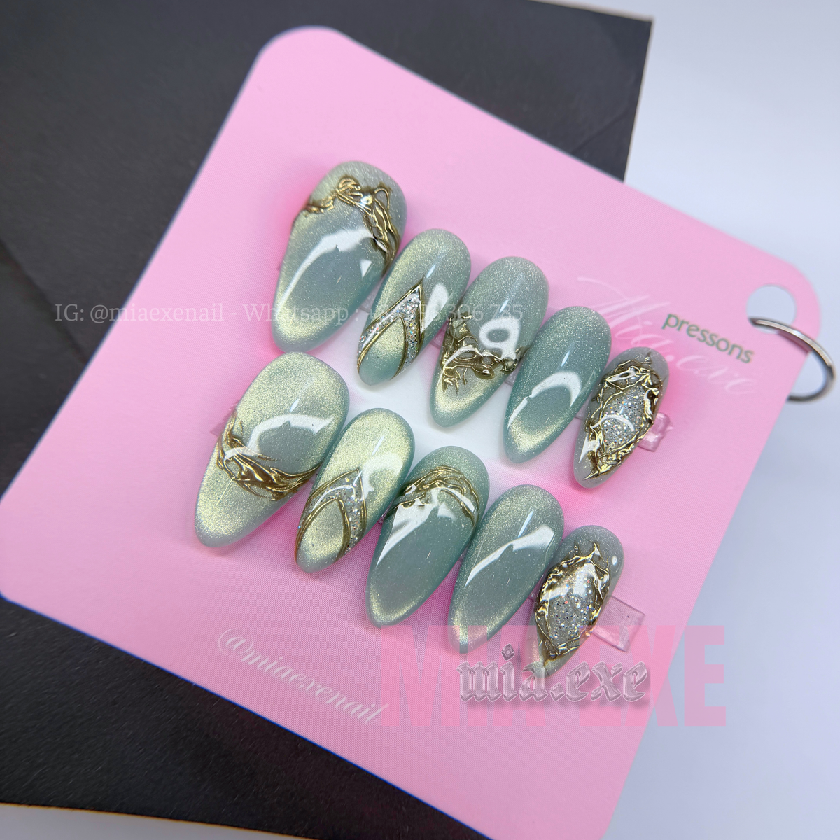 Press on Nails | Sage Green & Gold Mesh Line Art, Daily Nail Style, Almond Shape, Medium Length Luxury Handmade Fake Nails