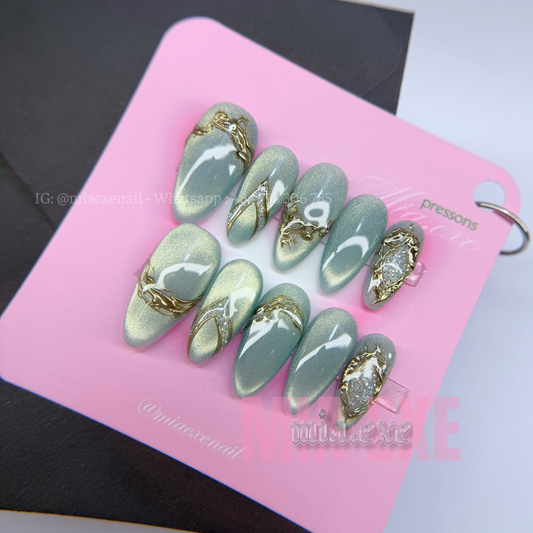 Press on Nails | Sage Green & Gold Mesh Line Art, Daily Nail Style, Almond Shape, Medium Length Luxury Handmade Fake Nails