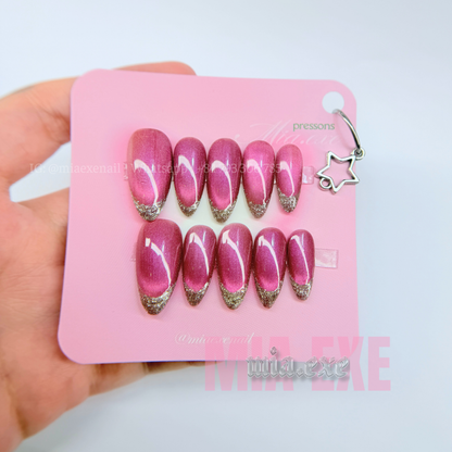 Press on Nails | Magenta Cat Eye & Glitter French Tip, Daily Nail Style, Almond Shape, Medium Length Luxury Handmade Fake Nails