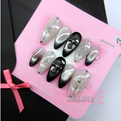 Press on Nails | Gothic Black & Silver Cat Eye with 3D Cross Charm, Almond Shape, Medium Length Luxury Handmade Fake Nails