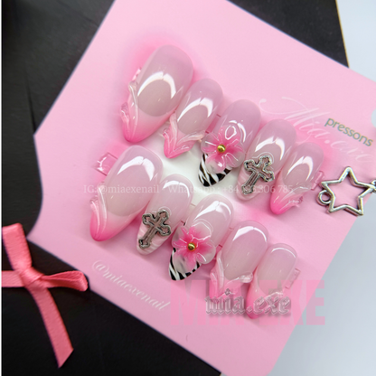 Press on Nails | Y2K Pink Ombre & Zebra Print with 3D Flower, Almond Shape, Medium Length Luxury Handmade Fake Nails