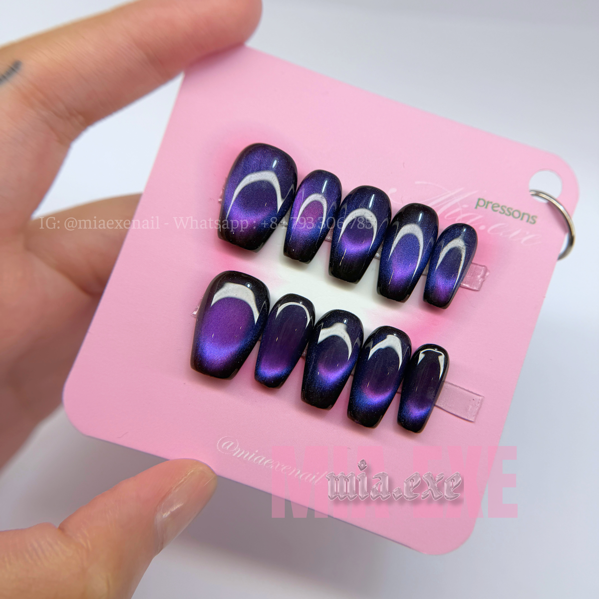 Press on Nails | Midnight Purple Cat Eye, Daily Nail Style, Coffin Shape, Medium Length Luxury Handmade Fake Nails