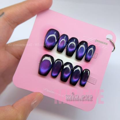 Press on Nails | Midnight Purple Cat Eye, Daily Nail Style, Coffin Shape, Medium Length Luxury Handmade Fake Nails