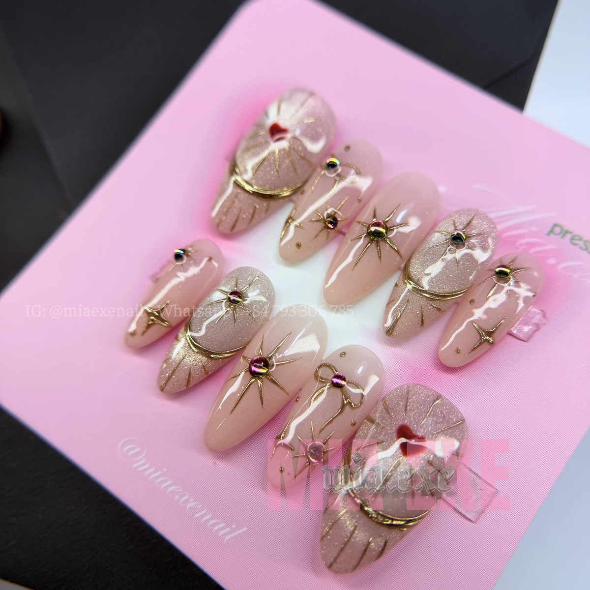 Press on Nails | Nude Cat Eye with Celestial Gold Star & Bow Accents, Daily Nail Style, Almond Shape, Medium Length Luxury Handmade Fake Nails