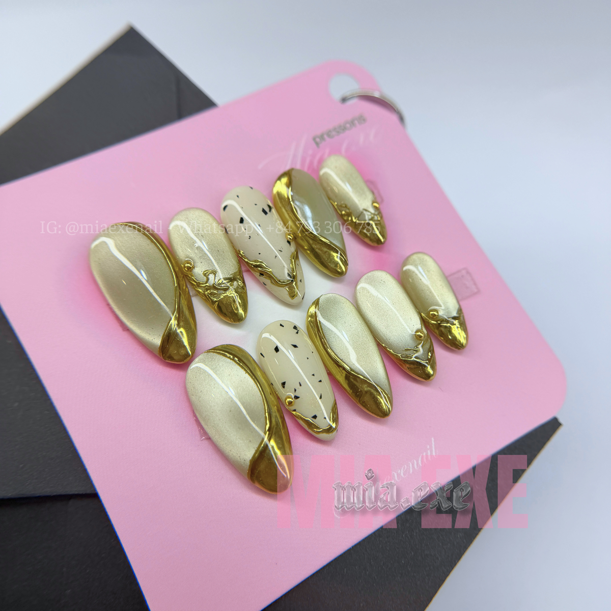 Press on Nails | Champagne Gold Cat Eye & Chrome Tip, Daily Nail Style, Almond Shape, Medium Length Luxury Handmade Fake Nails