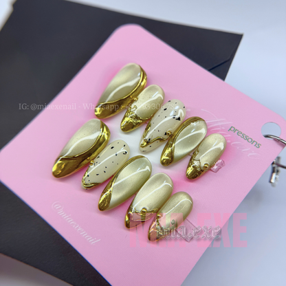 Press on Nails | Champagne Gold Cat Eye & Chrome Tip, Daily Nail Style, Almond Shape, Medium Length Luxury Handmade Fake Nails
