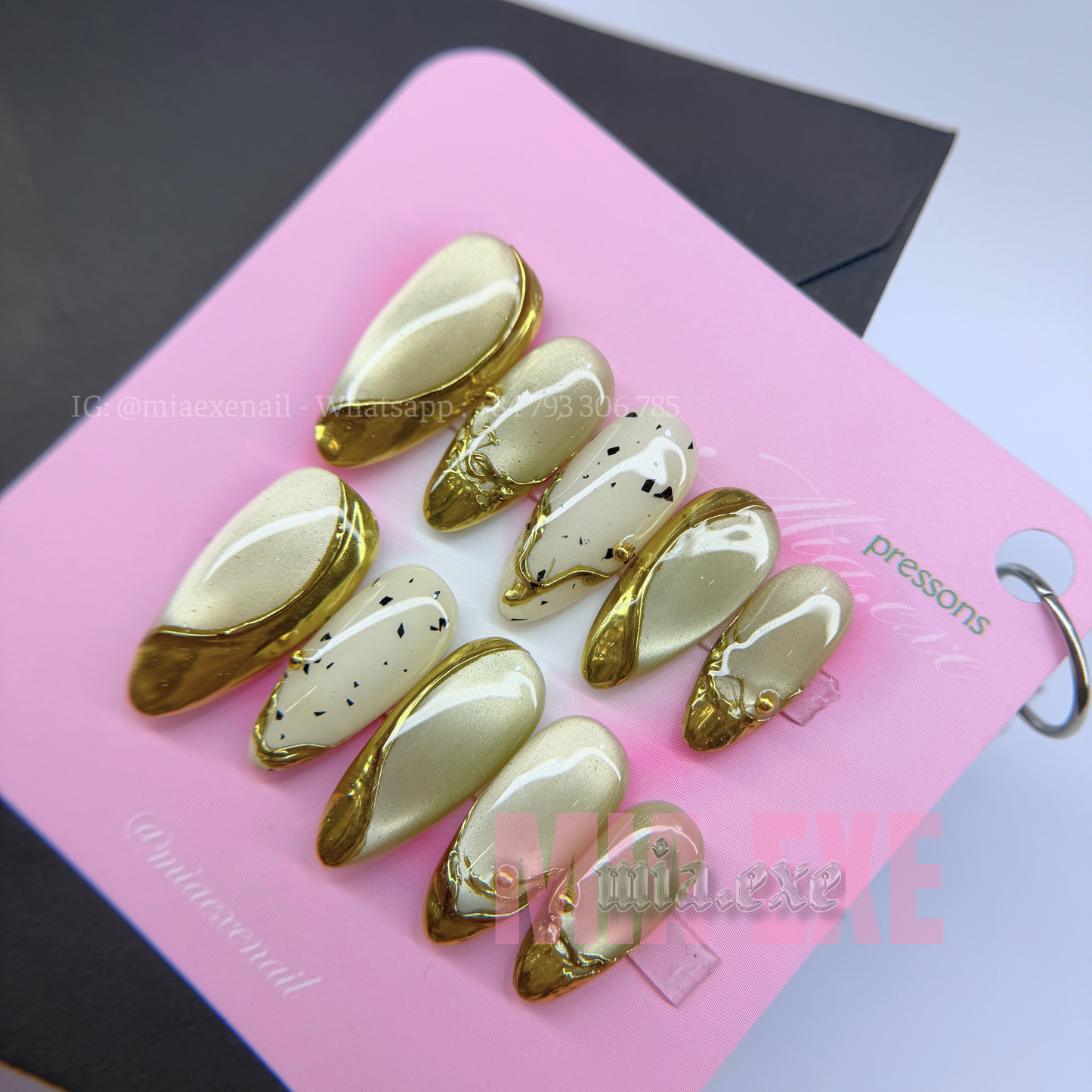 Press on Nails | Champagne Gold Cat Eye & Chrome Tip, Daily Nail Style, Almond Shape, Medium Length Luxury Handmade Fake Nails