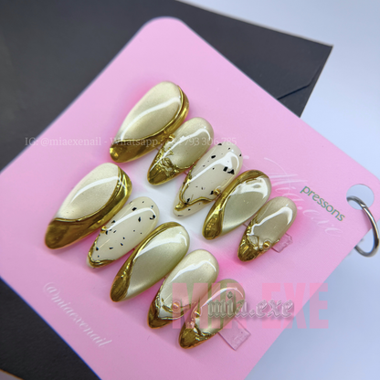 Press on Nails | Champagne Gold Cat Eye & Chrome Tip, Daily Nail Style, Almond Shape, Medium Length Luxury Handmade Fake Nails