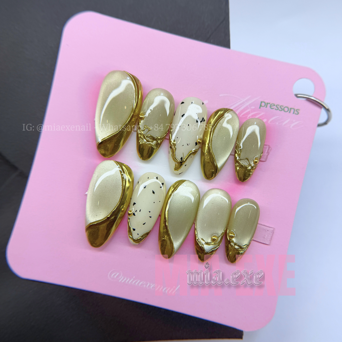 Press on Nails | Champagne Gold Cat Eye & Chrome Tip, Daily Nail Style, Almond Shape, Medium Length Luxury Handmade Fake Nails