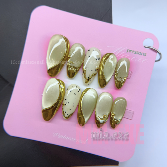 Press on Nails | Champagne Gold Cat Eye & Chrome Tip, Daily Nail Style, Almond Shape, Medium Length Luxury Handmade Fake Nails