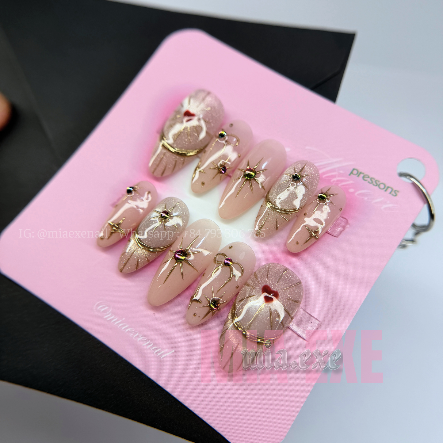 Press on Nails | Nude Cat Eye with Celestial Gold Star & Bow Accents, Daily Nail Style, Almond Shape, Medium Length Luxury Handmade Fake Nails