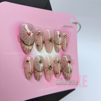 Press on Nails | Nude Cat Eye with Celestial Gold Star & Bow Accents, Daily Nail Style, Almond Shape, Medium Length Luxury Handmade Fake Nails