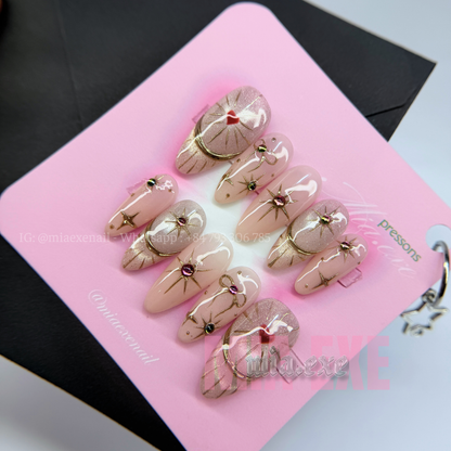Press on Nails | Nude Cat Eye with Celestial Gold Star & Bow Accents, Daily Nail Style, Almond Shape, Medium Length Luxury Handmade Fake Nails
