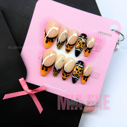 Press on Nails | Spooky Halloween Ghostface & Spiderweb Art, Stiletto Shape, Medium Length Luxury Handmade Fake Nails