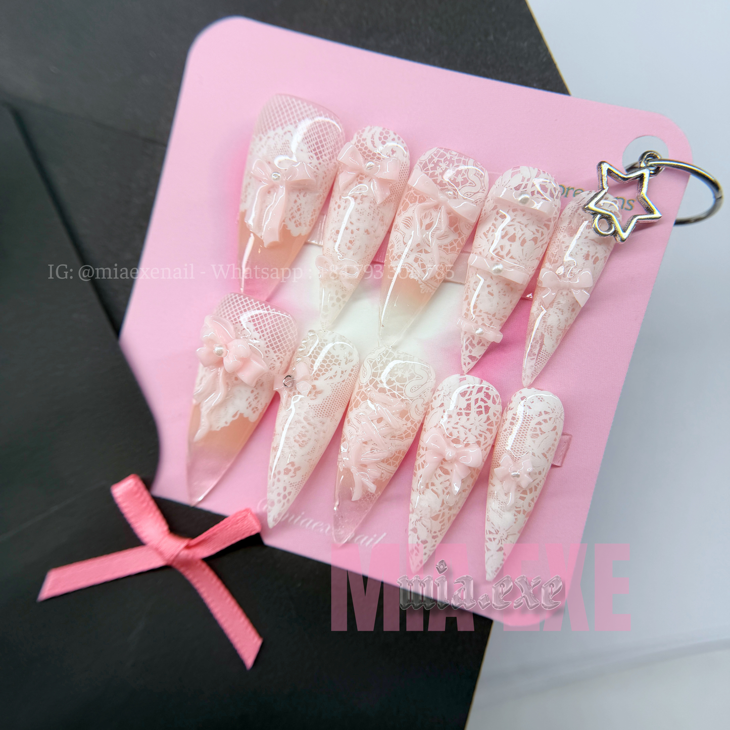 Press on Nails | White Lace Pattern with 3D Pink Bow & Pearl Accents, Daily Nail Style, Stiletto Shape, Medium Length Luxury Handmade Fake Nails