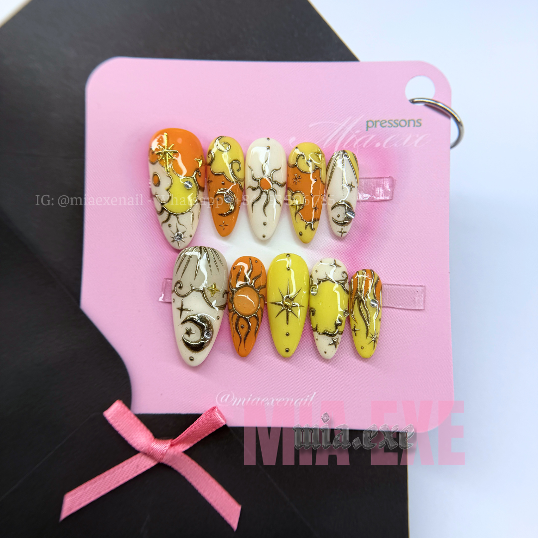 Press on Nails | Celestial Cat Eye with 3D Gold Chrome Baroque Art, Stiletto Shape, Medium Length Luxury Handmade Fake Nails