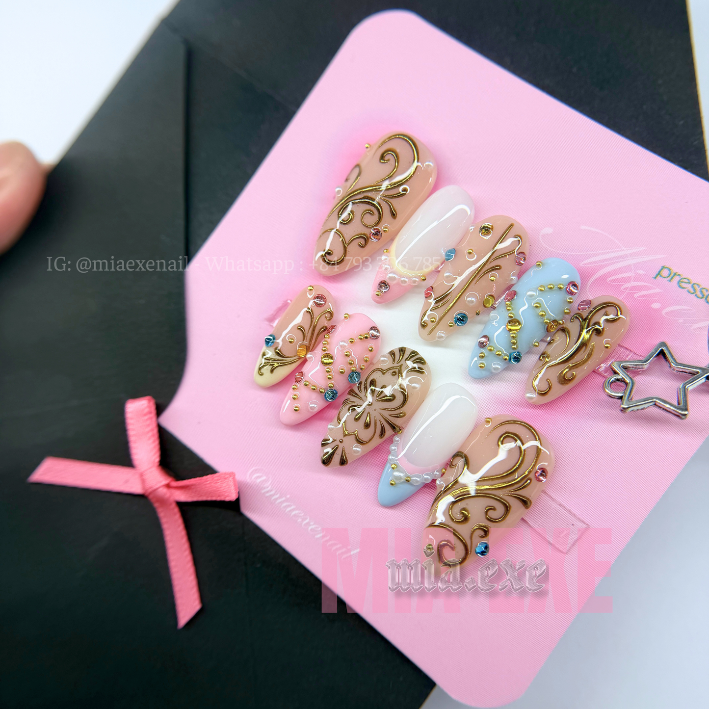 Press on Nails | Pastel & Shimmer Cat Eye with Gold Chain & Gem Accents, Daily Nail Style, Almond Shape, Medium Length Luxury Handmade Fake Nails