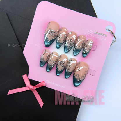 Press on Nails | Teal Cat Eye with Metallic Scroll Art, Daily Nail Style, Almond Shape, Medium Length Luxury Handmade Fake Nails