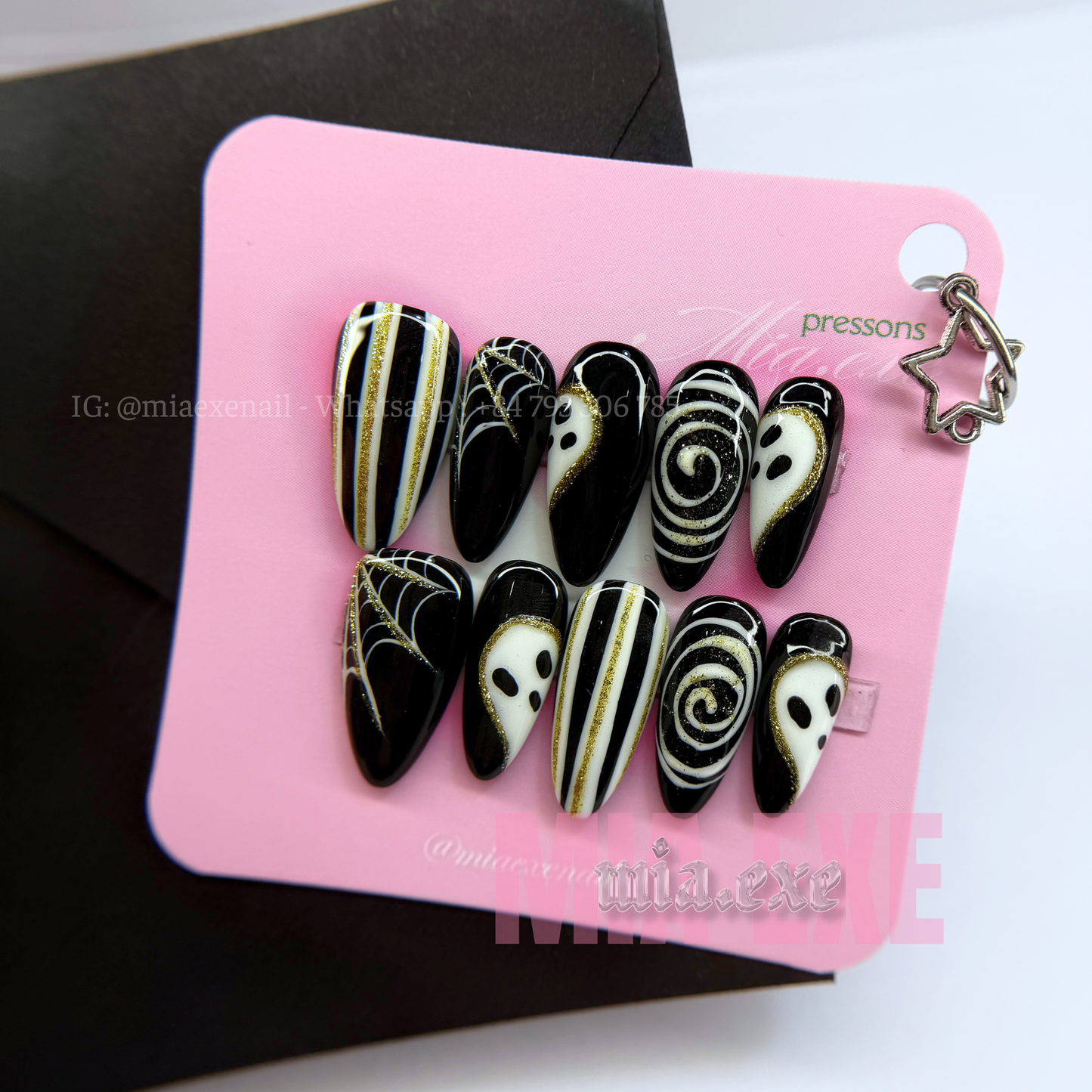 Press on Nails | Spooky Black & Gold Glitter Halloween Art, Medium Almond Shape, Luxury Handmade Fake Nails