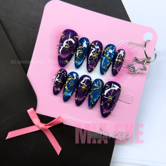 Press on Nails | Purple & Blue Cat Eye with Celestial Star & Moon Accents, Daily Nail Style, Stiletto Shape, Medium Length Luxury Handmade Fake Nails