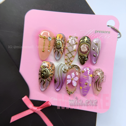 Press on Nails | Sun & Shimmer Cat Eye with Gold Charm & Mesh Art, Daily Nail Style, Stiletto Shape, Medium Length Luxury Handmade Fake Nails